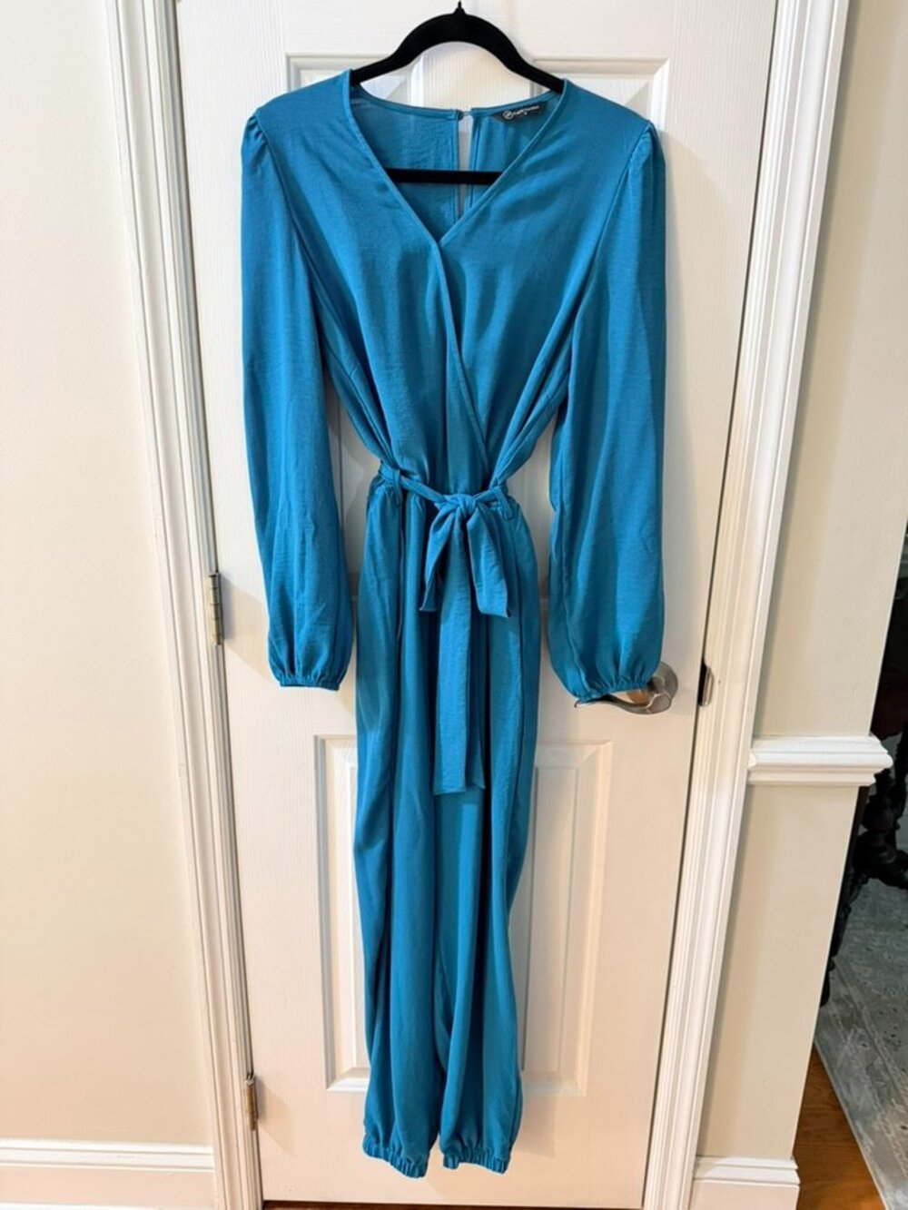 PrettyGarden Teal Turquoise Belted Jogger Jumpsuit Long Sleeve
